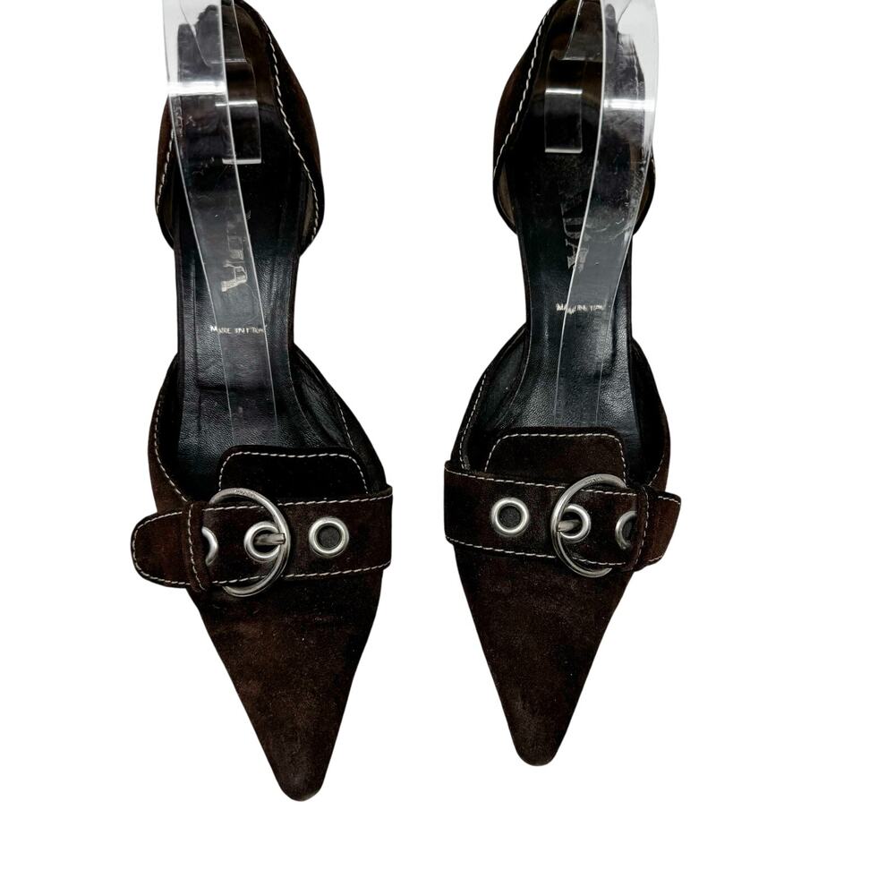 Prada Brown Suede Buckle Heels Size 39.5 Vintage Kitten Pumps Designer Shoes - Picture 2 of 10